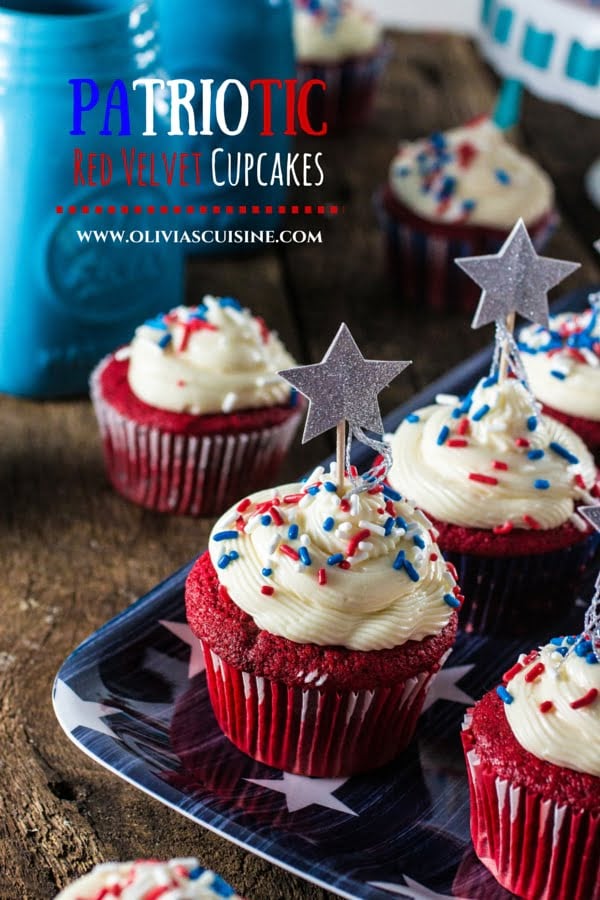 Patriotic Red Velvet Cupcakes | www.oliviascuisine.com | Celebrate 4th of July with these delicious Patriotic Red Velvet Cupcakes! So moist and velvety, with a yummy cream cheese frosting.