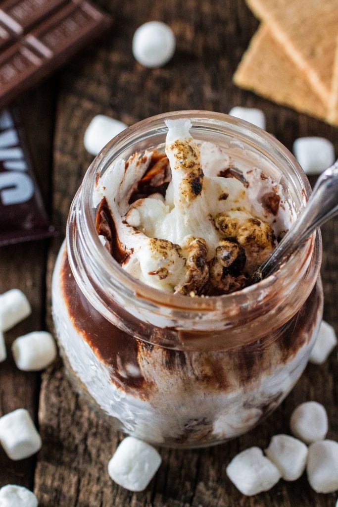 S'mores in a Jar | www.oliviascuisine.com | No campfire? No problem! This recipe for S'mores in a Jar is made at the comfort of your home and can be enjoyed indoors! #LetsMakeSmores #Ad