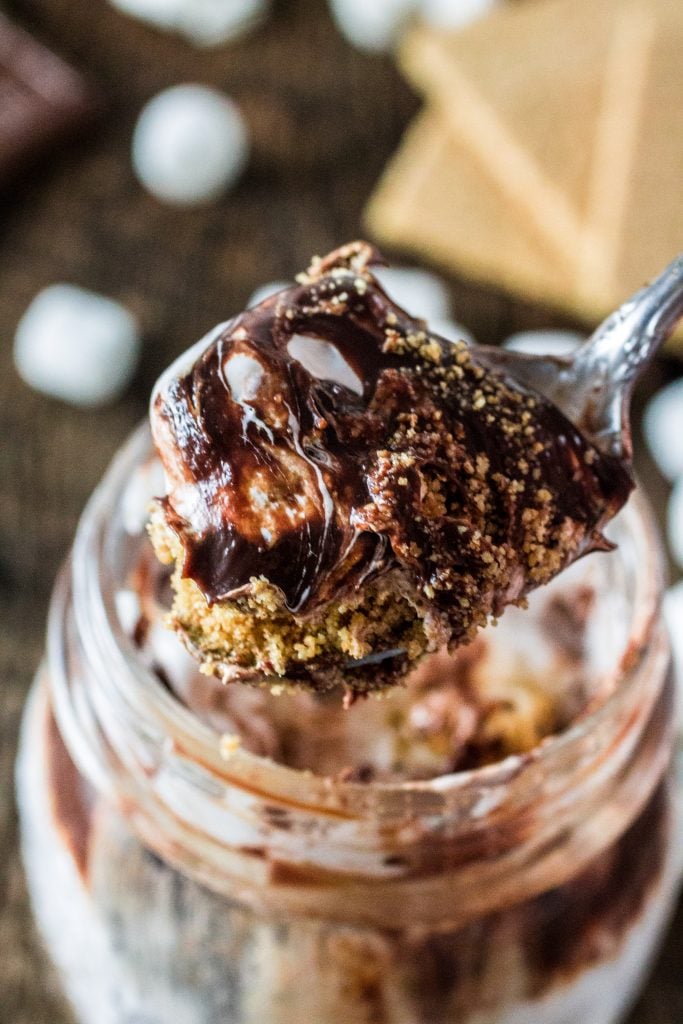 S'mores in a Jar | www.oliviascuisine.com | No campfire? No problem! This recipe for S'mores in a Jar is made at the comfort of your home and can be enjoyed indoors! #LetsMakeSmores #Ad