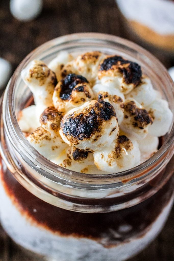 S'mores in a Jar | www.oliviascuisine.com | No campfire? No problem! This recipe for S'mores in a Jar is made at the comfort of your home and can be enjoyed indoors! #LetsMakeSmores #Ad