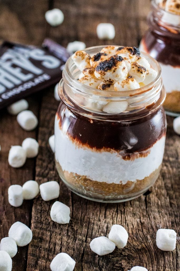 S'mores in a Jar | www.oliviascuisine.com | No campfire? No problem! This recipe for S'mores in a Jar is made at the comfort of your home and can be enjoyed indoors! #LetsMakeSmores #Ad