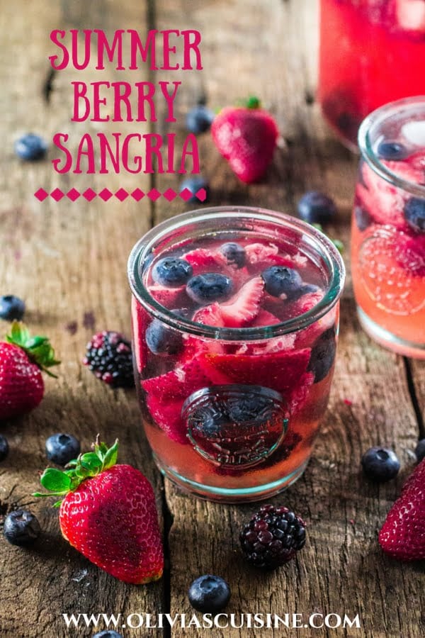 Summer Berry Sangria | www.oliviascuisine.com | A delicious summer sangria made with Moscato, strawberries, raspberries, blackberries and blueberries! #MiddleSister #DropsofWisdom #Sp