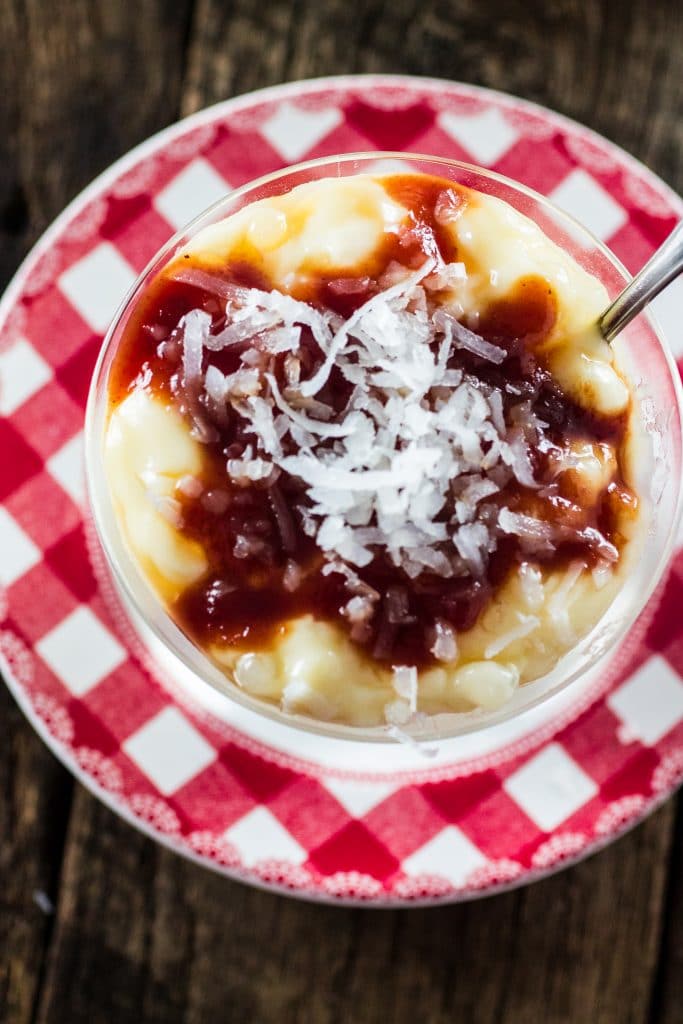 Tapioca Pudding with Guava Sauce and Coconut Flakes | www.oliviascuisine.com