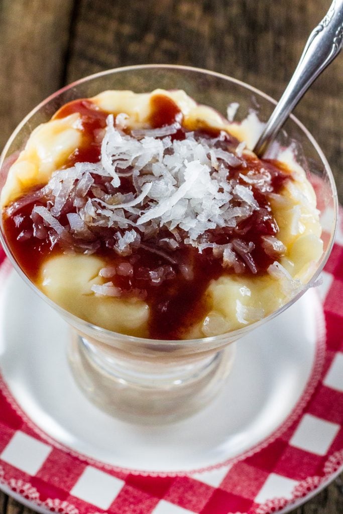 Tapioca Pudding with Guava Sauce and Coconut Flakes | www.oliviascuisine.com