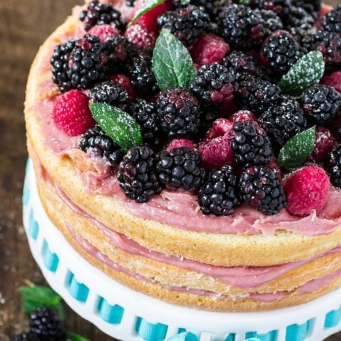 Naked Cake with Raspberry Brigadeiro | www.oliviascuisine.com | A delicious birthday cake, made with 3 layers of sponge cake and filled with raspberry brigadeiro (made with real raspberries, sweet condensed milk and butter). It's divine!