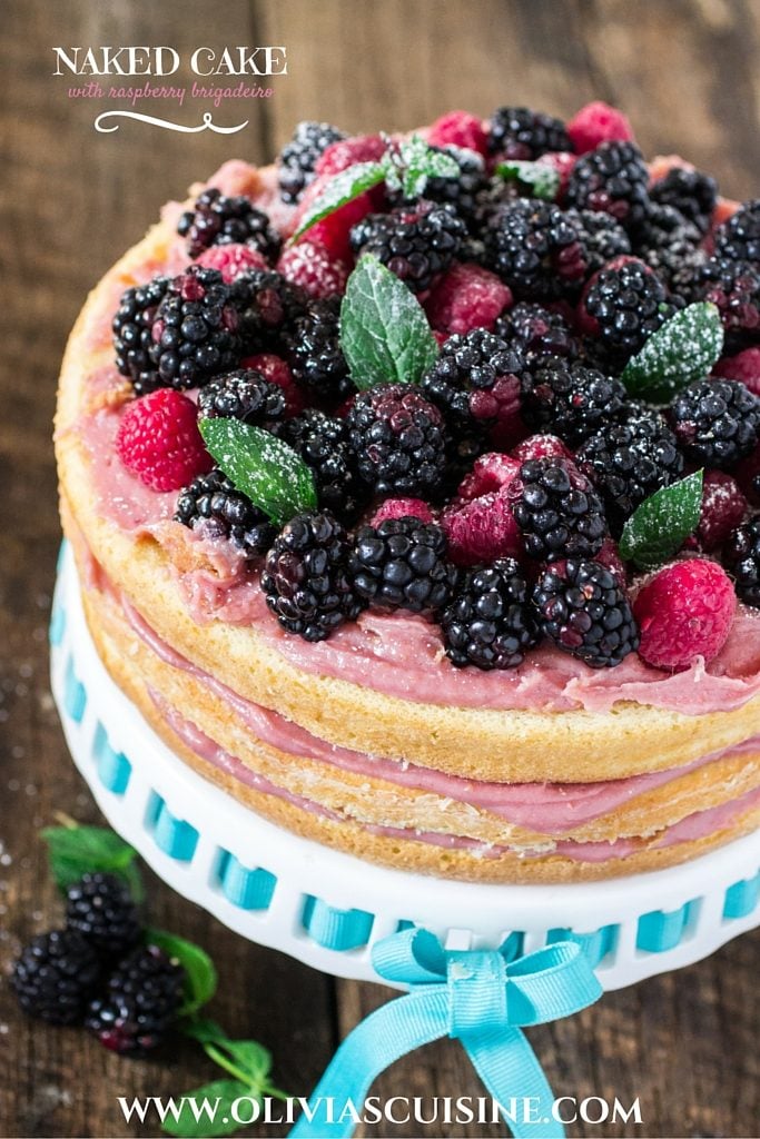 Naked Cake with Raspberry Brigadeiro | www.oliviascuisine.com | A delicious birthday cake, made with 3 layers of sponge cake and filled with raspberry brigadeiro (made with real raspberries, sweet condensed milk and butter). It's divine!