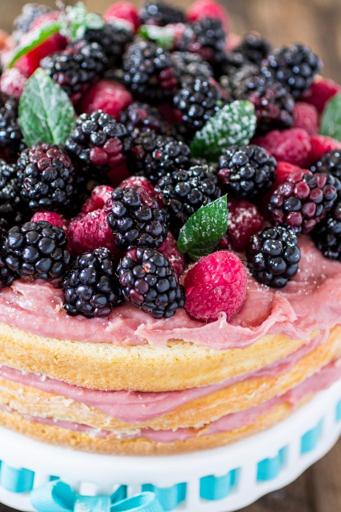 Naked Cake with Raspberry Brigadeiro | www.oliviascuisine.com | A delicious birthday cake, made with 3 layers of sponge cake and filled with raspberry brigadeiro (made with real raspberries, sweet condensed milk and butter). It's divine!