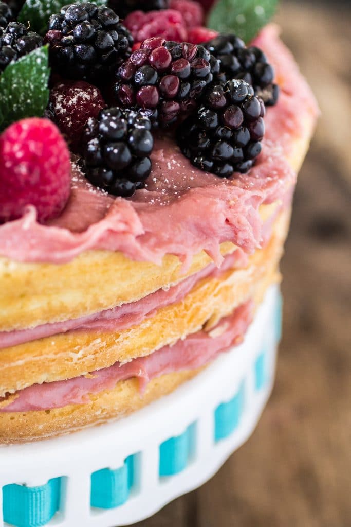 Naked Cake with Raspberry Brigadeiro | www.oliviascuisine.com | A delicious birthday cake, made with 3 layers of sponge cake and filled with raspberry brigadeiro (made with real raspberries, sweet condensed milk and butter). It's divine!