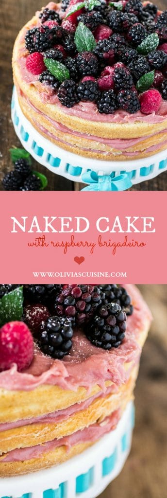 Naked Cake with Raspberry Brigadeiro | www.oliviascuisine.com | A delicious birthday cake, made with 3 layers of sponge cake and filled with raspberry brigadeiro (made with real raspberries, sweet condensed milk and butter). It's divine!