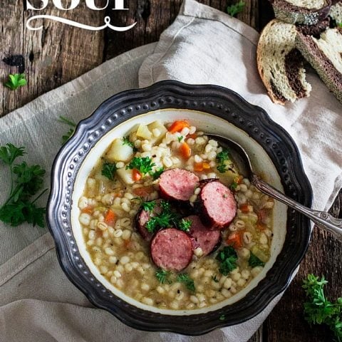 German Sausage and Barley Soup (Graupensuppe) | www.oliviascuisine.com | An easy and delicious soup recipe for the cold weather. Comfort food at its best! #OktoberOnTheFarm #ad