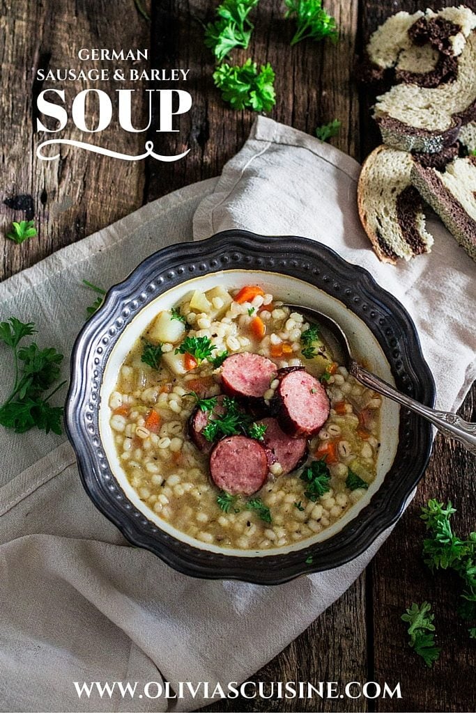 German Sausage and Barley Soup (Graupensuppe) | www.oliviascuisine.com | An easy and delicious soup recipe for the cold weather. Comfort food at its best! #OktoberOnTheFarm #ad