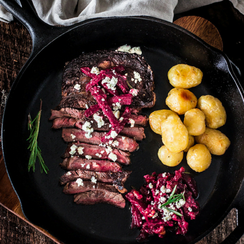 Grilled Steak with Beets and Danish Blue Cheese | www.oliviascuisine.com | What's better than a juicy well seasoned steak cooked to perfection? Accompanied by insanely delicious beets marinated with brown butter, blue cheese, shallots and walnuts.