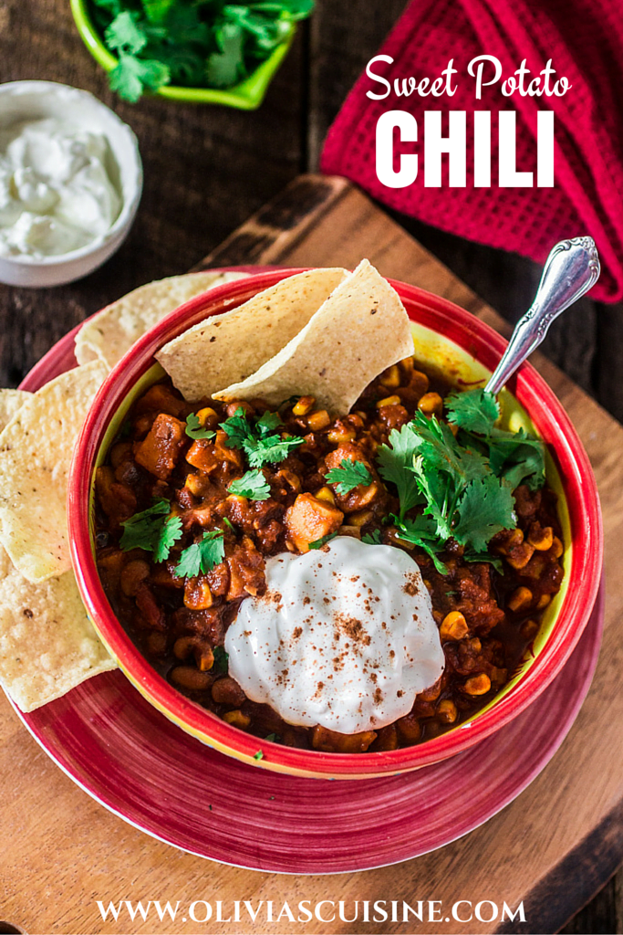 Sweet Potato Chili | www.oliviascuisine.com | A hearty and delicious vegetarian chili made with sweet potatoes, black eyed peas, corn and tomatoes.