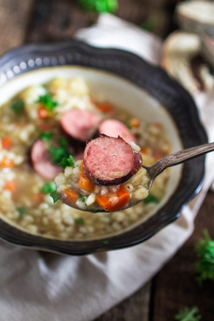 German Sausage and Barley Soup (Graupensuppe) | www.oliviascuisine.com | An easy and delicious soup recipe for the cold weather. Comfort food at its best! #OktoberOnTheFarm #ad