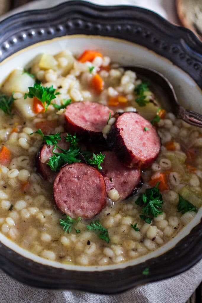 German Sausage and Barley Soup (Graupensuppe) | www.oliviascuisine.com | An easy and delicious soup recipe for the cold weather. Comfort food at its best! #OktoberOnTheFarm #ad