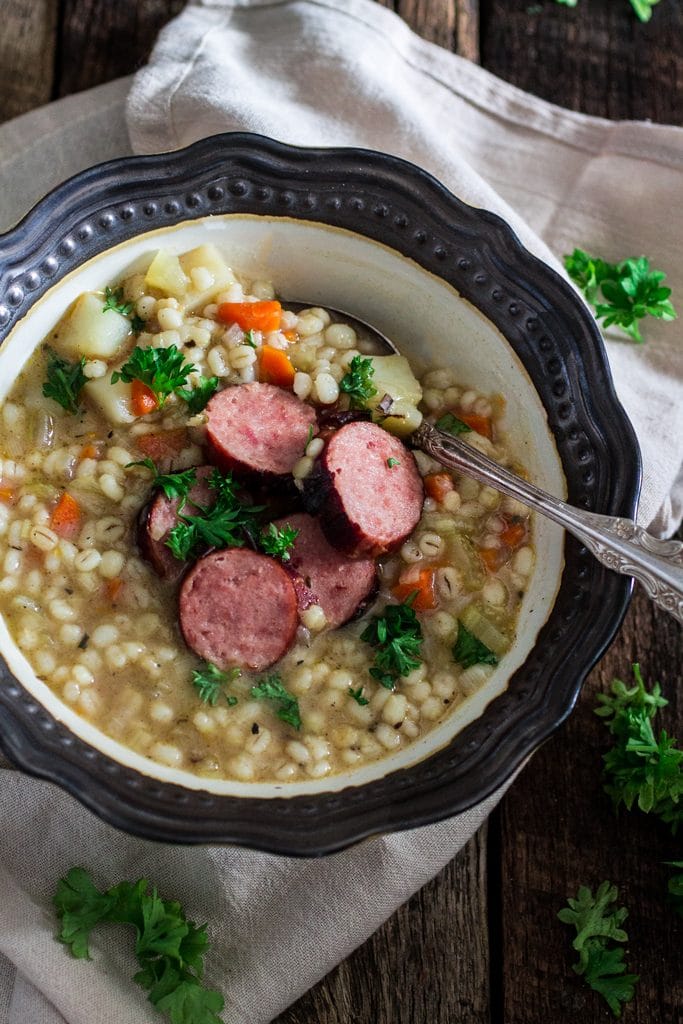 German Sausage and Barley Soup (Graupensuppe) | www.oliviascuisine.com | An easy and delicious soup recipe for the cold weather. Comfort food at its best! #OktoberOnTheFarm #ad