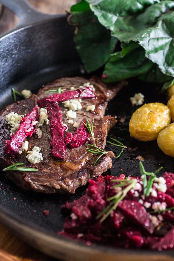 Grilled Steak with Beets and Danish Blue Cheese | www.oliviascuisine.com | What's better than a juicy well seasoned steak cooked to perfection? Accompanied by insanely delicious beets marinated with brown butter, blue cheese, shallots and walnuts. 