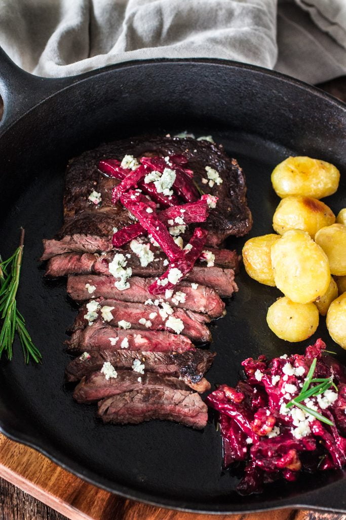 Grilled Steak with Beets and Danish Blue Cheese | www.oliviascuisine.com | What's better than a juicy well seasoned steak cooked to perfection? Accompanied by insanely delicious beets marinated with brown butter, blue cheese, shallots and walnuts. 
