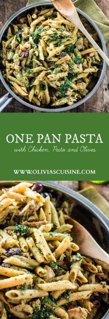 (AD) One Pan Pasta with Chicken, Pesto and Olives | www.oliviascuisine.com | No boil, no drain and easy clean up! Plus, dinner will be on the table in 15 minutes! #EverydayEffortless 