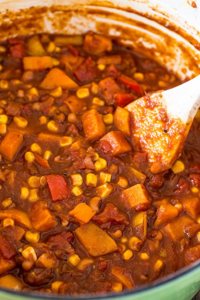 Sweet Potato Chili | www.oliviascuisine.com | A hearty and delicious vegetarian chili made with sweet potatoes, black eyed peas, corn and tomatoes.