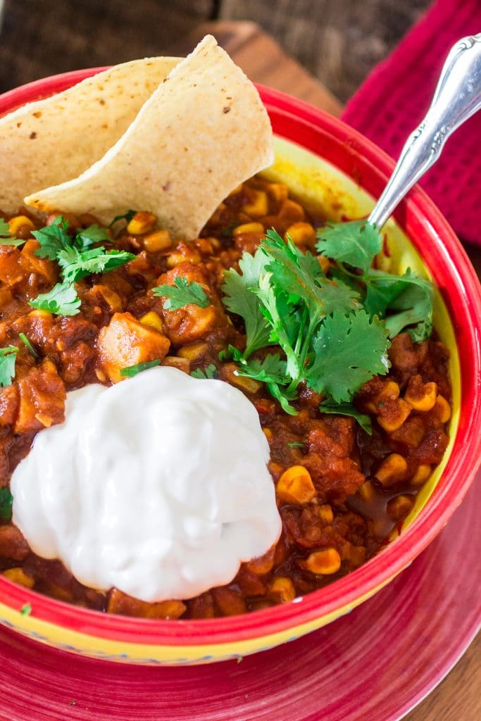 Sweet Potato Chili | www.oliviascuisine.com | A hearty and delicious vegetarian chili made with sweet potatoes, black eyed peas, corn and tomatoes.