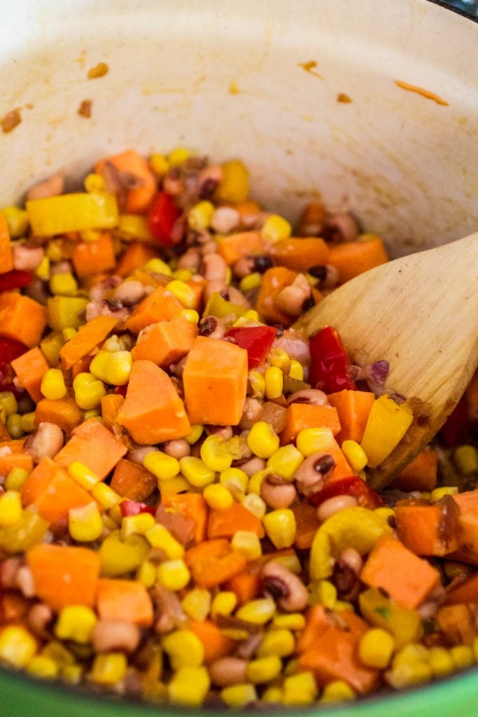 Sweet Potato Chili | www.oliviascuisine.com | A hearty and delicious vegetarian chili made with sweet potatoes, black eyed peas, corn and tomatoes.