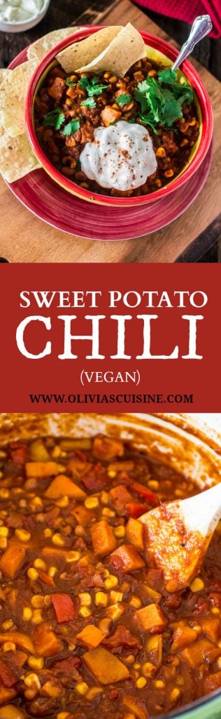Sweet Potato Chili | www.oliviascuisine.com | A hearty and delicious vegetarian chili made with sweet potatoes, black eyed peas, corn and tomatoes.
