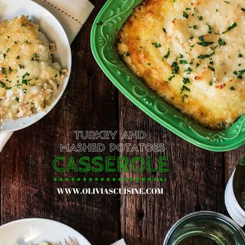 Turkey and Mashed Potatoes Casserole | www.oliviascuisine.com | Looking for a good recipe to use all those Thanksgiving leftovers? Look no further! This casserole is made with leftover turkey, gravy and mashed potatoes (plus some parmesan cheese, obviously! :P) and is to die for!