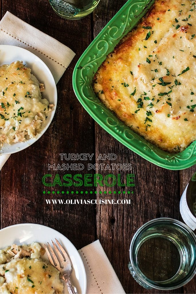 Turkey and Mashed Potatoes Casserole | www.oliviascuisine.com | Looking for a good recipe to use all those Thanksgiving leftovers? Look no further! This casserole is made with leftover turkey, gravy and mashed potatoes (plus some parmesan cheese, obviously! :P) and is to die for!
