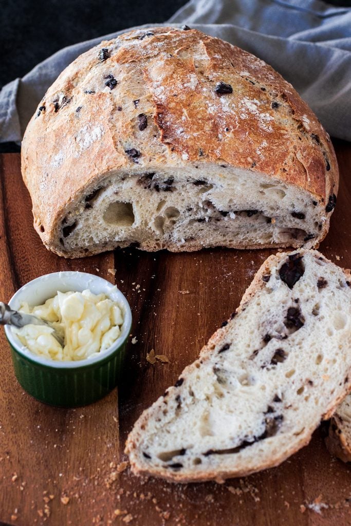 Mediterranean Black Olive Bread | www.oliviascuisine.com | A delicious no-knead crusty bread made with Mezzetta Kalamata Olives! #sponsored