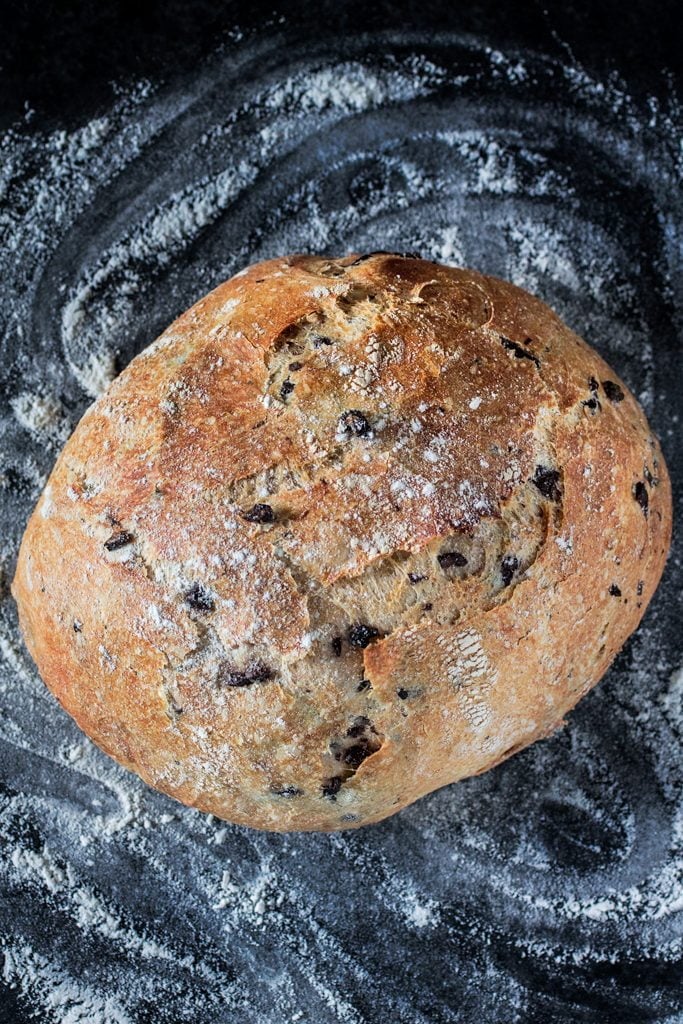 Mediterranean Black Olive Bread | www.oliviascuisine.com | A delicious no-knead crusty bread made with Mezzetta Kalamata Olives! #sponsored