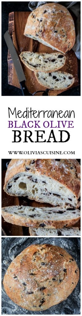 Mediterranean Black Olive Bread | www.oliviascuisine.com | A delicious no-knead crusty bread made with Mezzetta Kalamata Olives! #sponsored