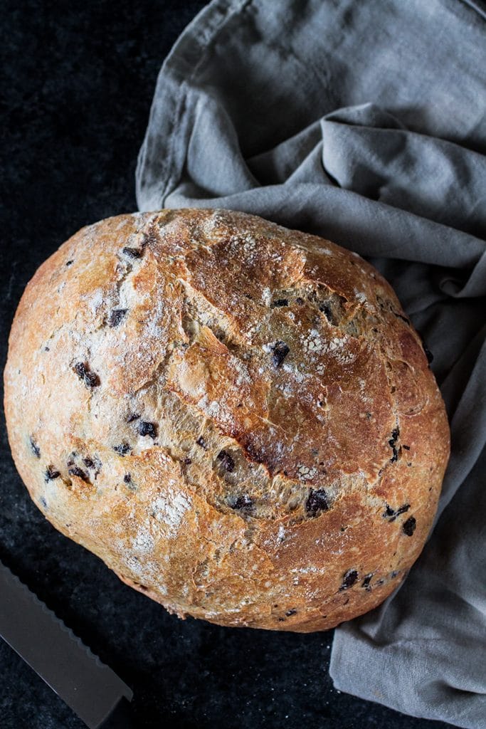 Mediterranean Black Olive Bread | www.oliviascuisine.com | A delicious no-knead crusty bread made with Mezzetta Kalamata Olives! #sponsored