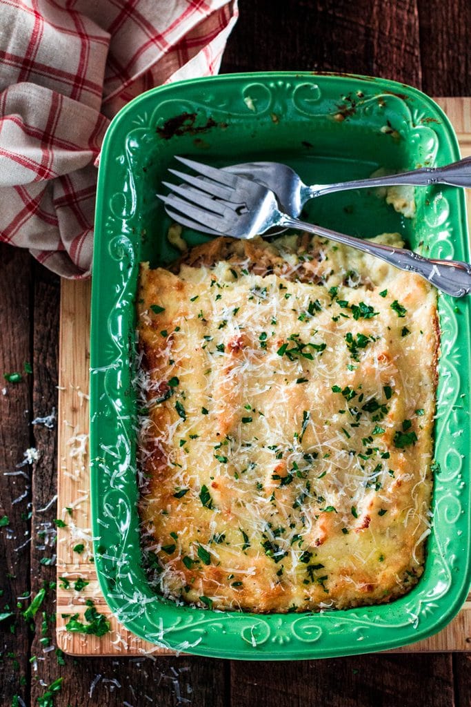 Turkey and Mashed Potatoes Casserole | www.oliviascuisine.com | Looking for a good recipe to use all those Thanksgiving leftovers? Look no further! This casserole is made with leftover turkey, gravy and mashed potatoes (plus some parmesan cheese, obviously! :P) and is to die for!