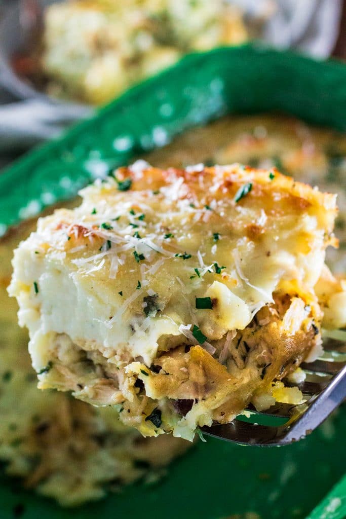 Turkey and Mashed Potatoes Casserole | www.oliviascuisine.com | Looking for a good recipe to use all those Thanksgiving leftovers? Look no further! This casserole is made with leftover turkey, gravy and mashed potatoes (plus some parmesan cheese, obviously! :P) and is to die for!