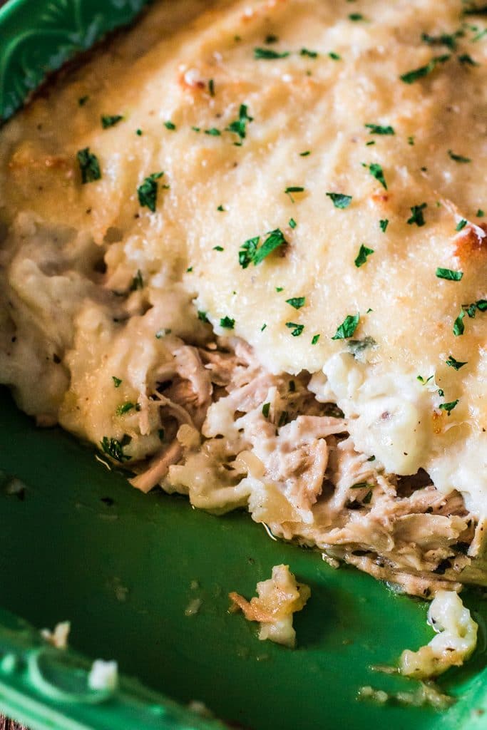 Turkey and Mashed Potatoes Casserole | www.oliviascuisine.com | Looking for a good recipe to use all those Thanksgiving leftovers? Look no further! This casserole is made with leftover turkey, gravy and mashed potatoes (plus some parmesan cheese, obviously! :P) and is to die for!