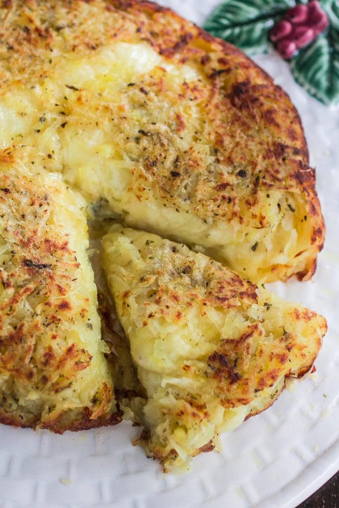 Three-Cheese Stuffed Rosti Potatoes | www.oliviascuisine.com | This delicious dish comes from Switzerland and consists of a potato cake, fried on both sides and stuffed with 3 different types of cheese. Perfect as a side dish for the holidays or as a main course whenever you are craving potatoes. #BeholdPotatoes #sponsored