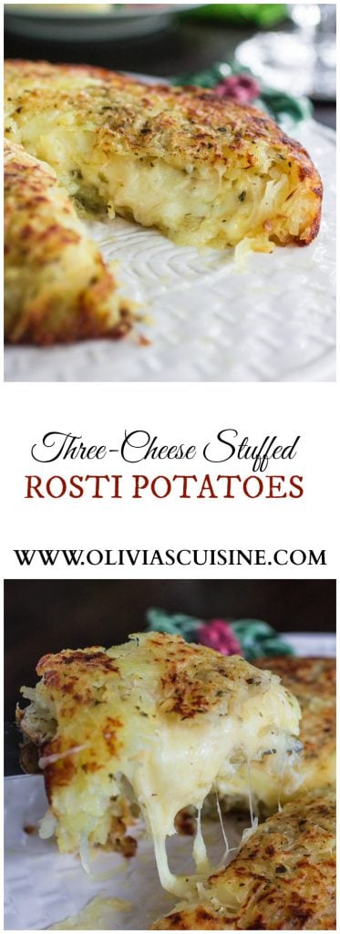 Three-Cheese Stuffed Rosti Potatoes | www.oliviascuisine.com | This delicious dish comes from Switzerland and consists of a potato cake, fried on both sides and stuffed with 3 different types of cheese. Perfect as a side dish for the holidays or as a main course whenever you are craving potatoes. #BeholdPotatoes #sponsored