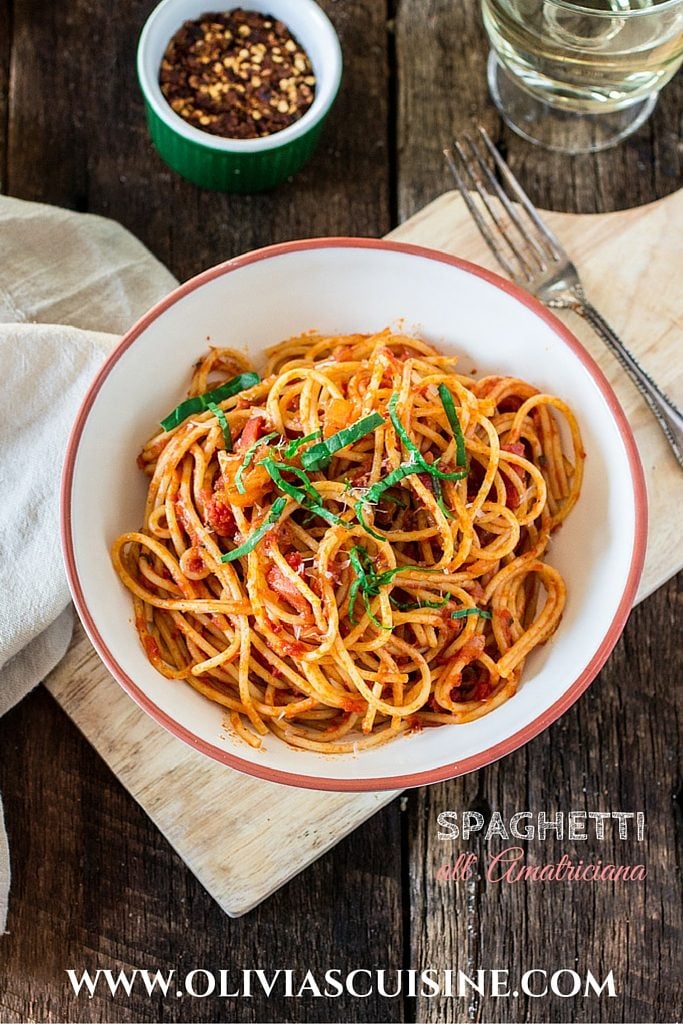 Spaghetti all' Amatriciana | www.oliviascuisine.com | A super easy yet delicious spicy pasta dish featuring diced pancetta, red pepper flakes, basil and Bertolli Riserva Marinara with Parmigiano-Reggiano. #sponsored