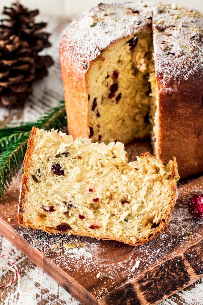 Cranberry, Pistachio and White Chocolate Panettone | www.oliviascuisine.com | Christmas is not the same without a freshly baked panettone! In this version, the Italian sweet bread is filled with cranberries, pistachios and delicious white chocolate chips! #NestleTollHouse #BakeSomeonesDay #HolidayRemix #sponsored