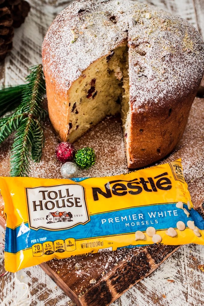Cranberry, Pistachio and White Chocolate Panettone | www.oliviascuisine.com | Christmas is not the same without a freshly baked panettone! In this version, the Italian sweet bread is filled with cranberries, pistachios and delicious white chocolate chips! #NestleTollHouse #BakeSomeonesDay #HolidayRemix #sponsored
