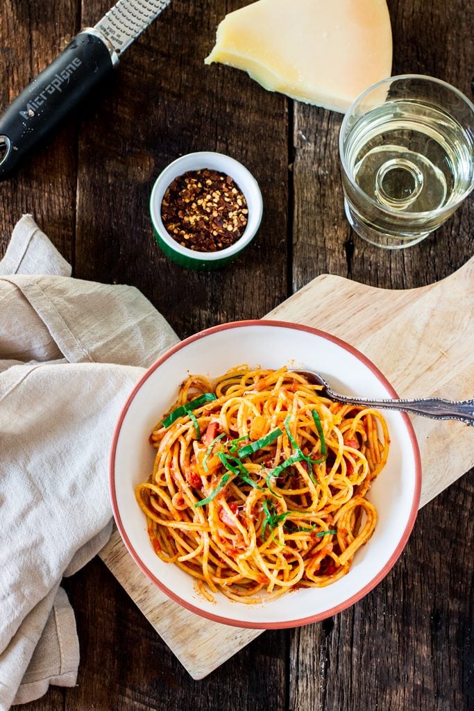 Spaghetti all' Amatriciana | www.oliviascuisine.com | A super easy yet delicious spicy pasta dish featuring diced pancetta, red pepper flakes, basil and Bertolli Riserva Marinara with Parmigiano-Reggiano. #sponsored