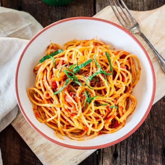 Spaghetti all' Amatriciana | www.oliviascuisine.com | A super easy yet delicious spicy pasta dish featuring diced pancetta, red pepper flakes, basil and Bertolli Riserva Marinara with Parmigiano-Reggiano. #sponsored