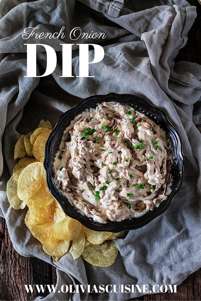 French Onion Dip | www.oliviascuisine.com | Msg 4 21+ Forget the store bought stuff! This French Onion Dip is made from scratch and is super creamy, rich and full of big flavors. Perfect for game day or any party, really! Even better if you pair it with Woodbridge Wine. #AD 