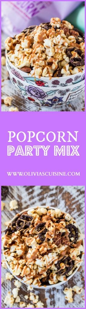 Popcorn Party Mix | www.oliviascuisine.com | Making a popcorn party mix couldn't be easier. Simply toss together some BOOMCHICKAPOP, chocolate covered pretzels and roasted almonds. Oh, and don't forget to drizzle everything with some melted peanut butter! :P #sponsored #BringtheBOOM