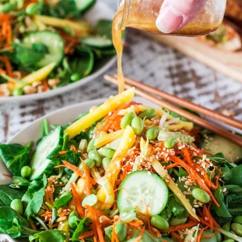 Asian Salad with Sesame Ginger Vinaigrette | www.oliviascuisine.com | Spinach and watercress tossed with carrots, crunchy broccoli stems, mango, cucumbers, edamame, crushed peanuts, sesame seeds and a delicious sesame ginger vinaigrette. Serve with Pagoda egg rolls to make it a meal! #FrozenFromScratch #ad