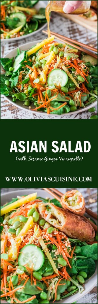 refreshing and nutritions Asian Salad made with spinach, watercress, carrots, broccoli stems, mango, cucumbers, edamame, crushed peanuts and a delicious sesame ginger vinaigrette!
