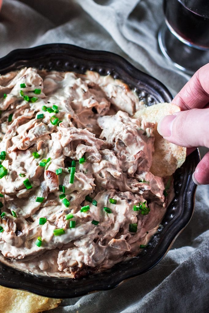 French Onion Dip | www.oliviascuisine.com | Msg 4 21+ Forget the store bought stuff! This French Onion Dip is made from scratch and is super creamy, rich and full of big flavors. Perfect for game day or any party! Even better if you pair it with a glass (or bottle) of Woodbridge Wine. #ad