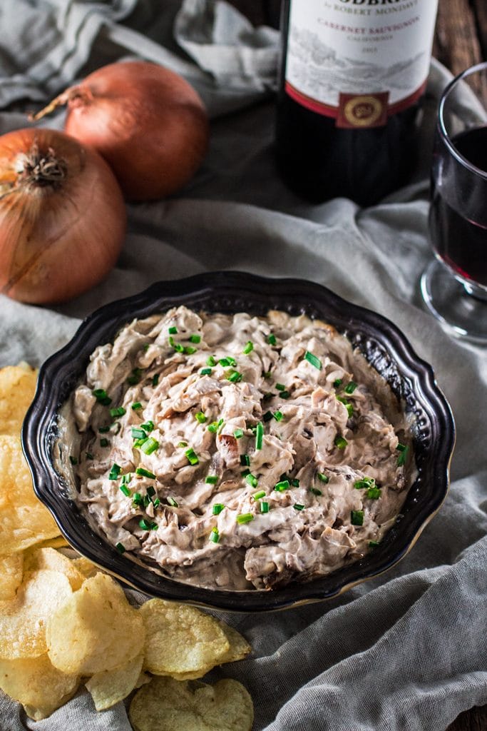 French Onion Dip | www.oliviascuisine.com | Msg 4 21+ Forget the store bought stuff! This French Onion Dip is made from scratch and is super creamy, rich and full of big flavors. Perfect for game day or any party! Even better if you pair it with a glass (or bottle) of Woodbridge Wine. #ad