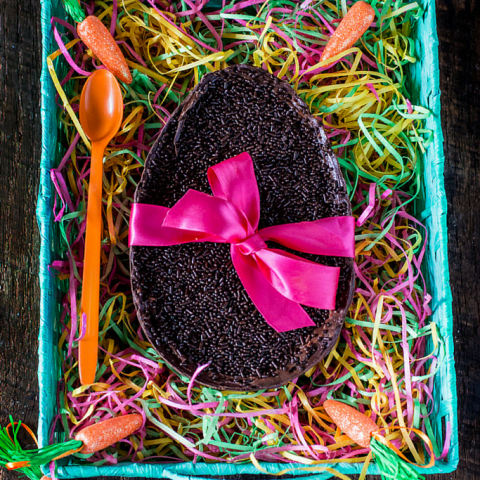 Easter Chocolate Egg (Filled with Brigadeiro) | www.oliviascuisine.com | In Brazil it is common to exchange oversized chocolate eggs for Easter. This version, filled with a creamy and delicious brigadeiro, is my favorite! It is the perfect Easter gift! (Provided you don't devour the whole thing by yourself!).